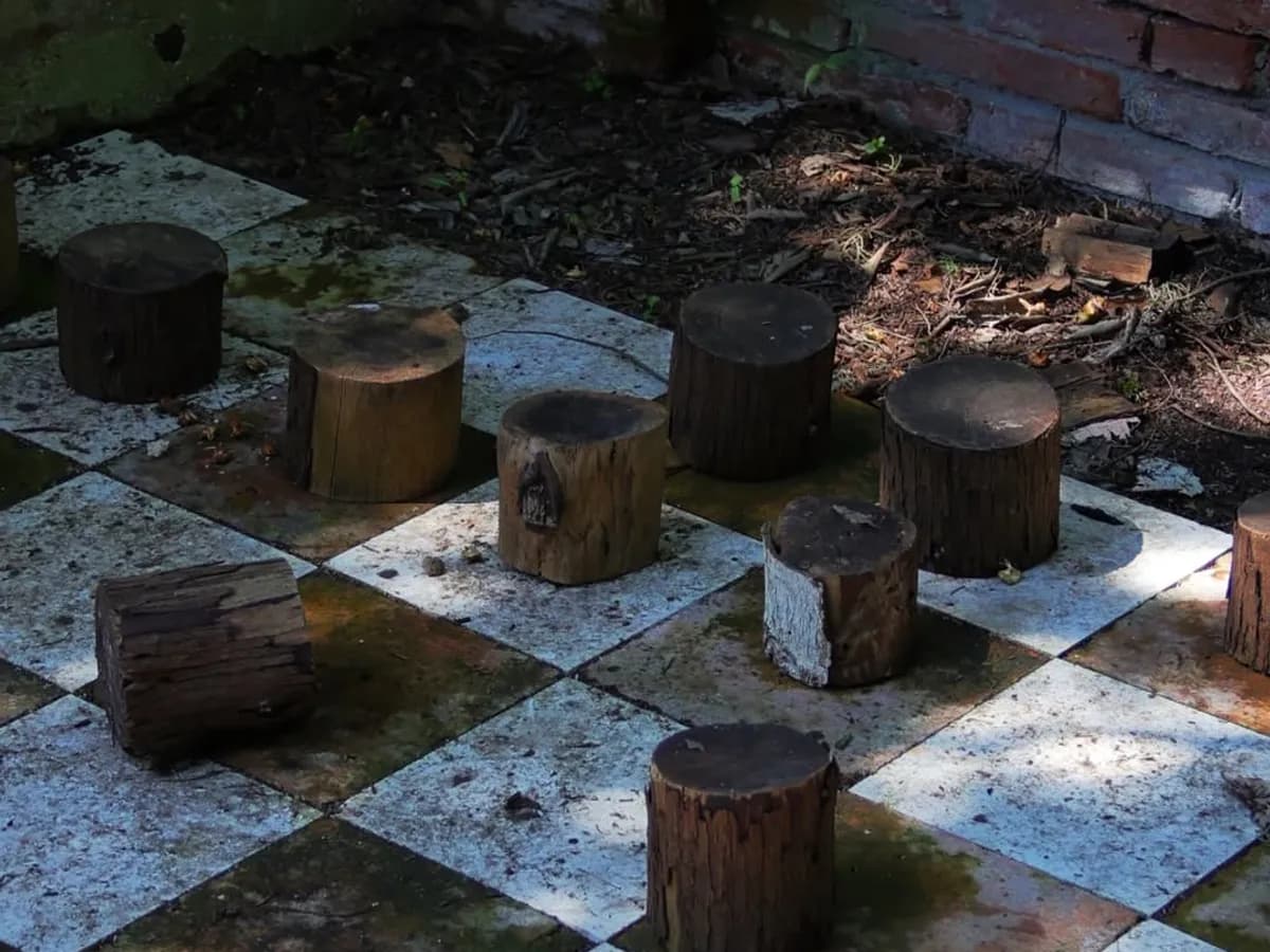 La dama con pedine di legno ricavate dagli alberi del parco