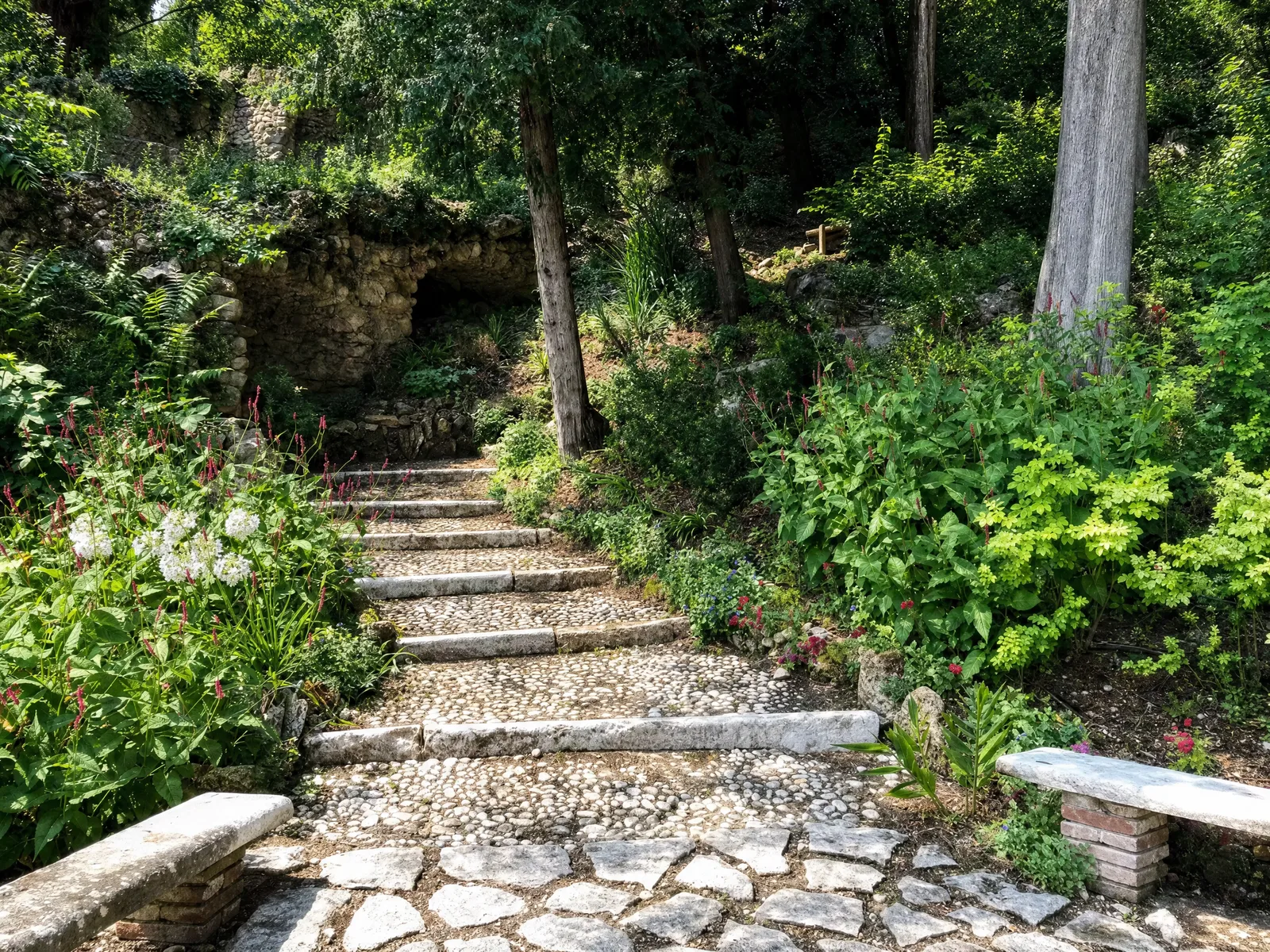 Un sentiero di pietra si addentra nel verde lussureggiante del giardino
